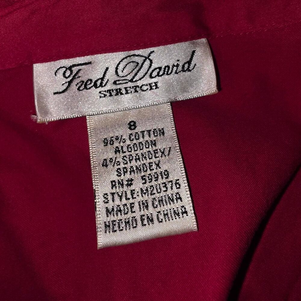 Fred David Stretch Size 8 Red Fitted Button-Up Sh… - image 3